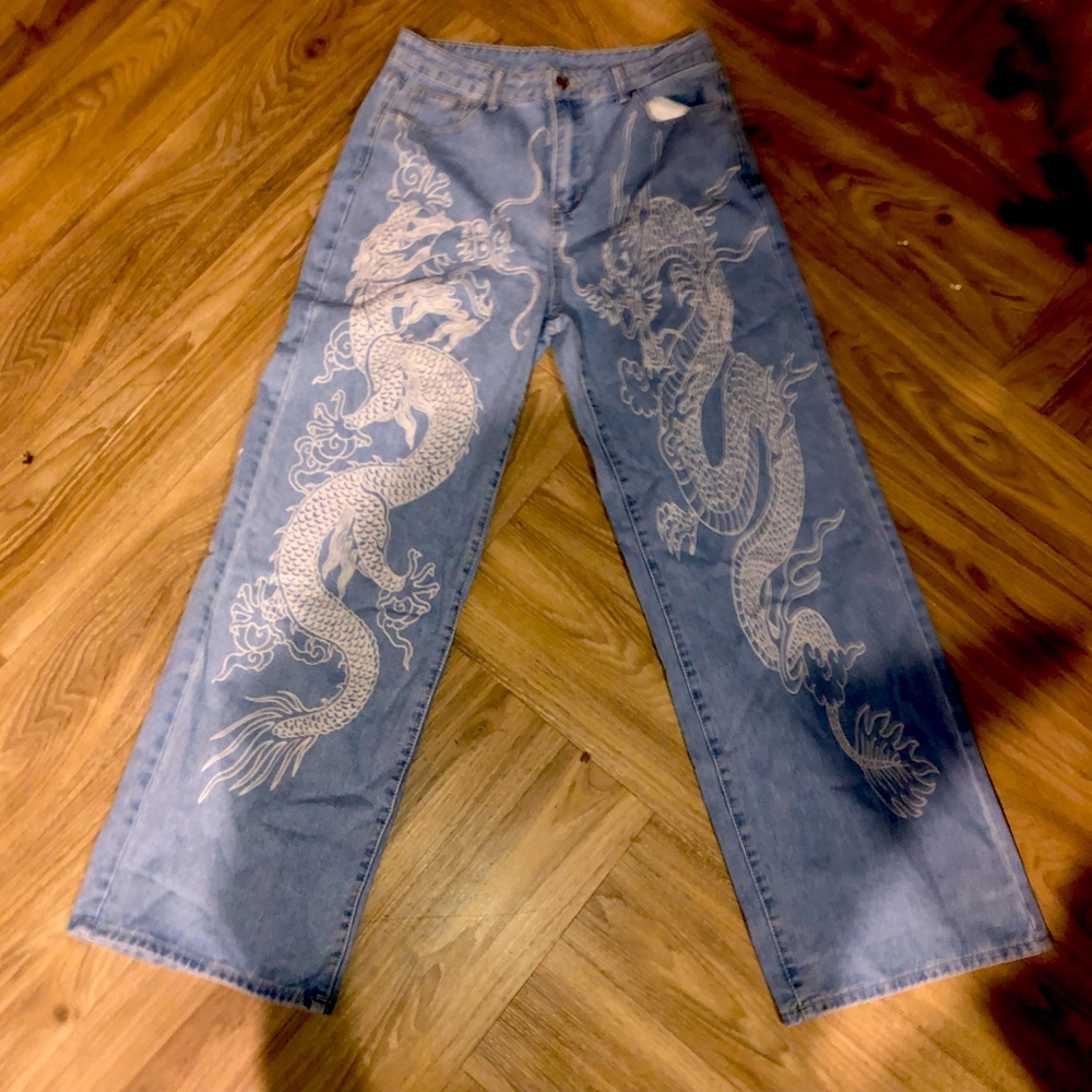 Wide Leg Light Wash Jeans with Dragon Detailing